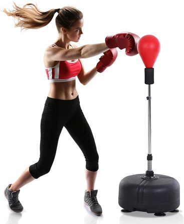 Боксерський мішок HOMCOM зі стійкою, регульована висота 136-154 см, з боксерськими рукавичками, для підлітків та дорослих, для фітнесу та зняття стресу (червоний)