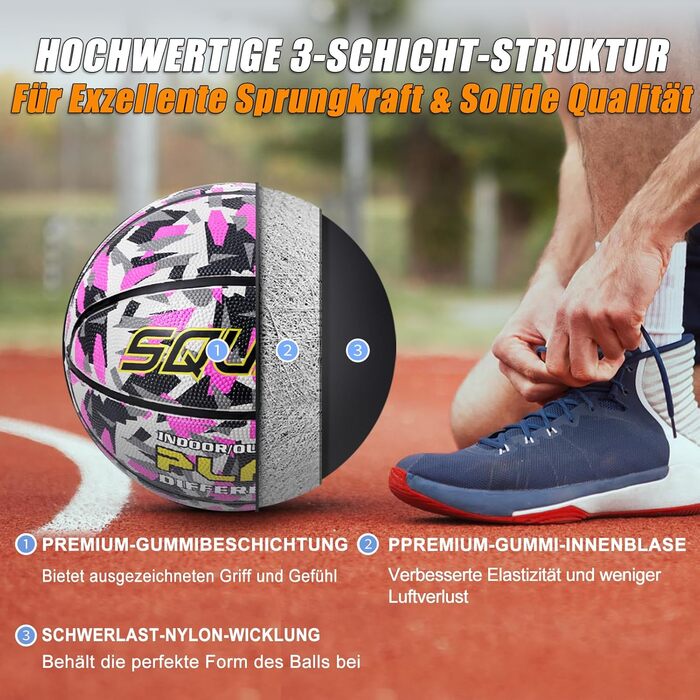 Баскетбольний м'яч Squad, розмір 7, гумовий, камуфляжний дизайн, для дорослих, внутрішні та зовнішні майданчики, з насосом та голкою, рожевий, з аксесуарами