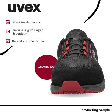 Робоче взуття Uvex 1 Dynam-x S1 PL - легке, дихаюче, металозахисту немає, ESD, антиковзаюче, чорно-червоне, розмір 40 EU, для чоловіків та жінок, веганський, ширина 11