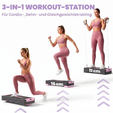 Регульована aerobic-платформа для фітнесу (2 рівні: 11/16 см) з 2 еспандерами та антиковзаним килимком, рожева