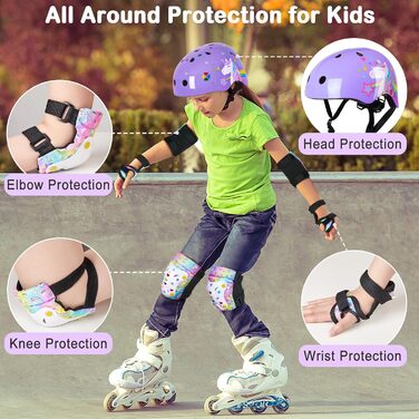 Дитячий шолом Unicorn Castle 7-в-1 з наколінниками, налокітниками та захистом зап'ястків для скейтборду, роликів, велосипеда (3-8 років), фіолетовий