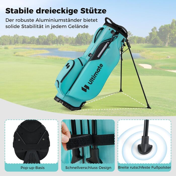 COSTWAY Гольф сумка на візку, сумка для гольфу з 8 відділеннями та водонепроникним чохлом, легка гольф сумка з 5 кишенями та підставкою, футляр для олівців портативна для чоловіків, жінок (Турквіс)