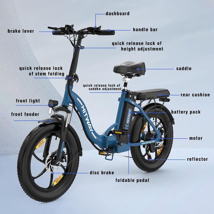 Електровелосипед HITWAY 20'' Fat Tire, складаний, 250W/36V/12Ah, 35-90 км, 7 швидкостей, гірський та міський для чоловіків і жінок