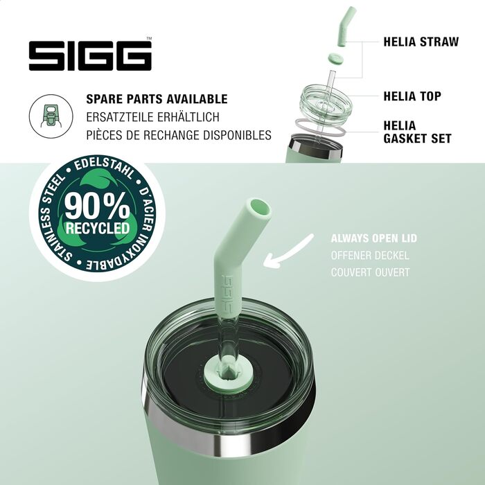 Термокружка SIGG Helia 0.6 л Milky Green з багаторазовою скляною трубочкою та щіточкою, герметична, BPA-free, з нержавіючої сталі 18/8, для подорожей