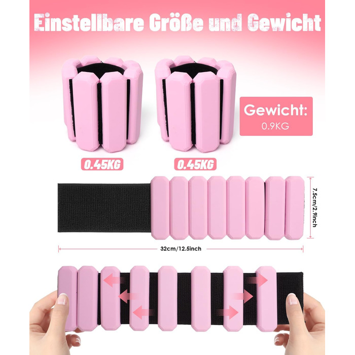 Регульовані вантажні манжети на зап'ястя (2 шт, по 0,45 кг) для йоги, танців, пілатесу, кардіо, аеробіки, ходьби - зелений (рожевий)