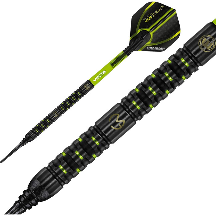 Дротики WINMAU Michael Van Gerwen MvG Adrenalin 22 г професійні, вольфрамові, з м'яким наконечником, комплект з оперенням і стрижнями