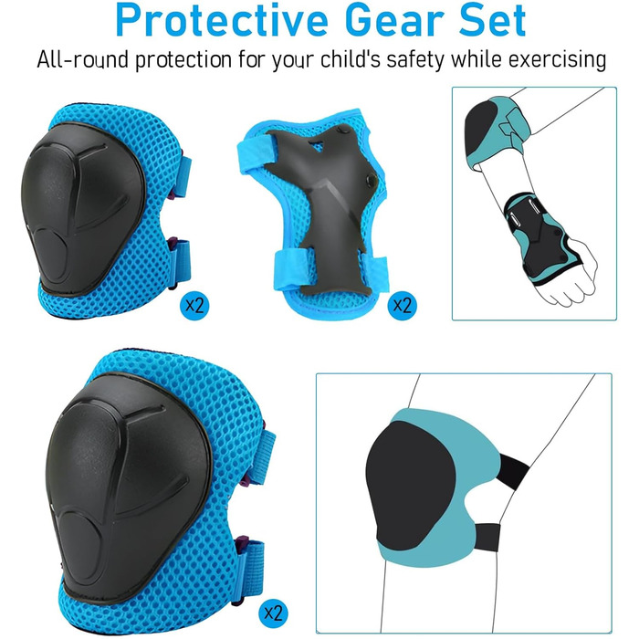 Набір захисту для дітей: шолом, наколінники, налокітники та підтримуючі рукавички для скейтбордингу, велосипеда, роликів та інших видів активного відпочинку. Колір: блакитний