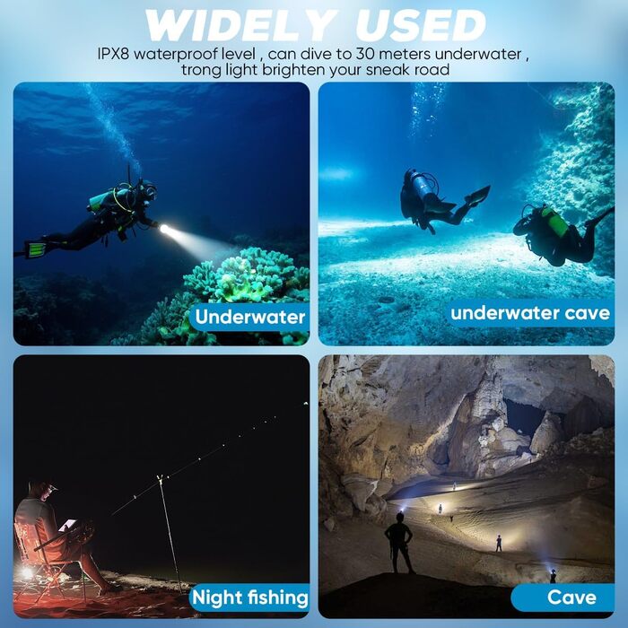 Ліхтар під водою WholeFire 8000 Lumen, IPX8, водонепроникний, 3 режими, акумуляторний, для плавання та дайвінгу