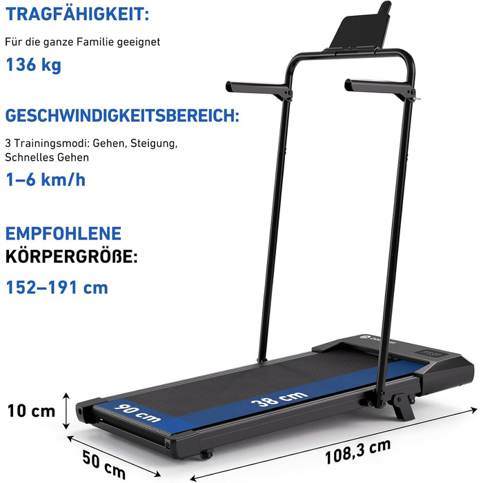 Бігова доріжка DeerRun Walking Pad з нахилом 6% для дому та офісу, компактний тренажер під стіл з LED-дисплеєм, пультам та підтримкою App, до 136 кг (Чорний)
