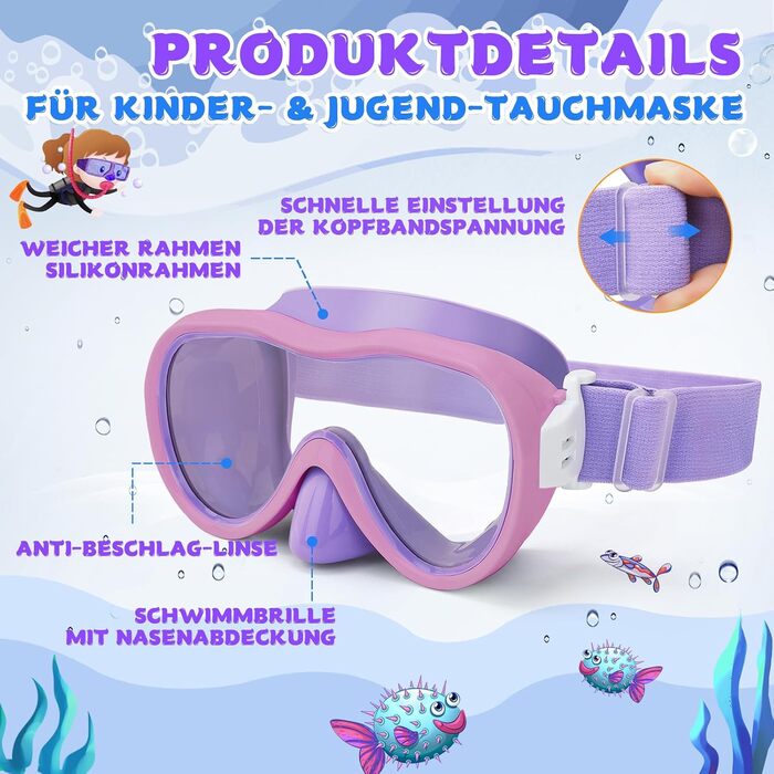 Дитяча маска для плавання WAVE Kinder з антифогом, захистом від протікання та UV-фільтром (Лілово-Рожева)