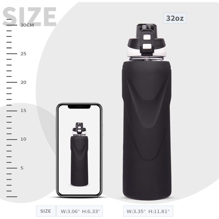 Спортивна скляна пляшка для води DEARRAY 1 л з трубочкою, герметична, BPA Free, силіконова оболонка, для смузі, фруктів і газованої води, чорна