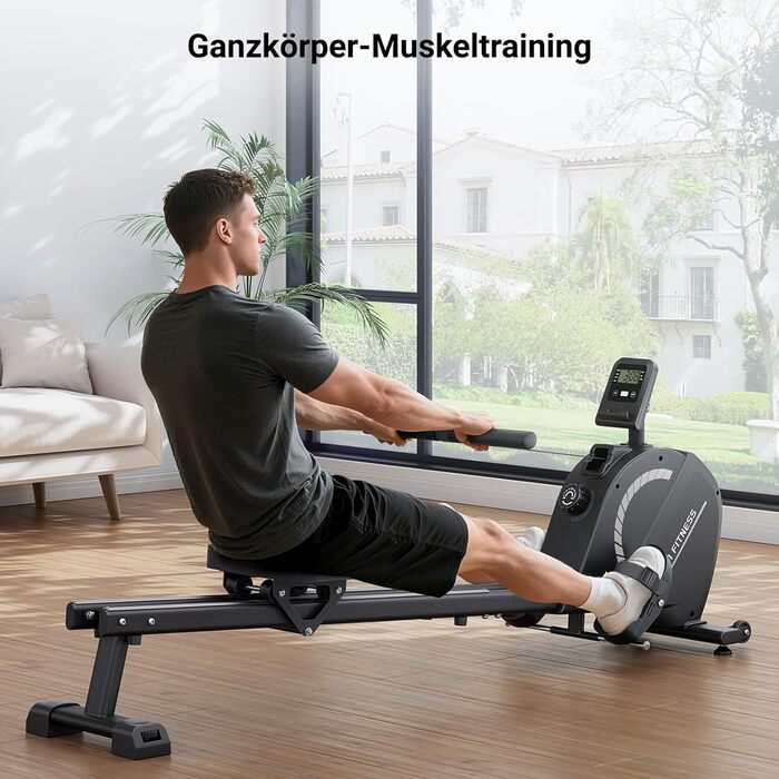 Dripex Гребний тренажер з магнітною системою опору, LCD-монітором, навантаження до 158 кг, Bluetooth, чорно-зелений