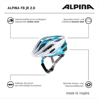 Дитячий велосипедний шолом ALPINA FB JR. 2.0, амортизуючий, легкий і міцний, з можливістю встановлення LED, біло-блакитний, 50-55 см