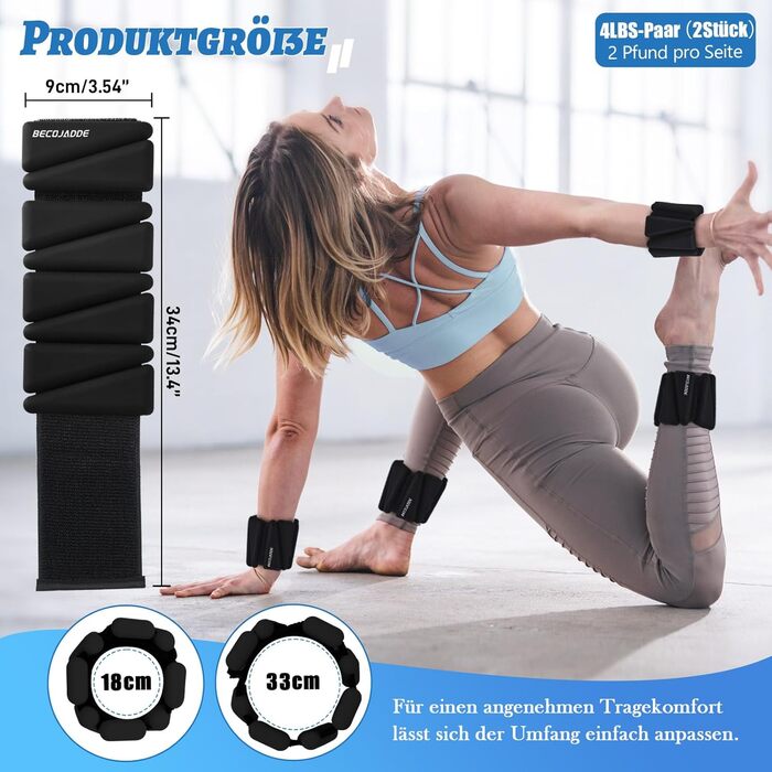 Набір манжет для ніг та рук BECOJADDE (0.45 кг/0.9 кг) – для фітнесу, йоги, пілатесу, ходьби, бігу. Регульовані вантажні манжети для жінок та чоловіків (Чорний, 1.8 кг пара)