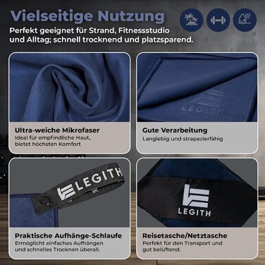 Набір мікрофібрових рушників LEGITH – швидковисихаючі та компактні для подорожей, пляжу, спорту та кемпінгу (3 розміри: 160x80 см, 120x60 см, 80x40 см) – економія місця