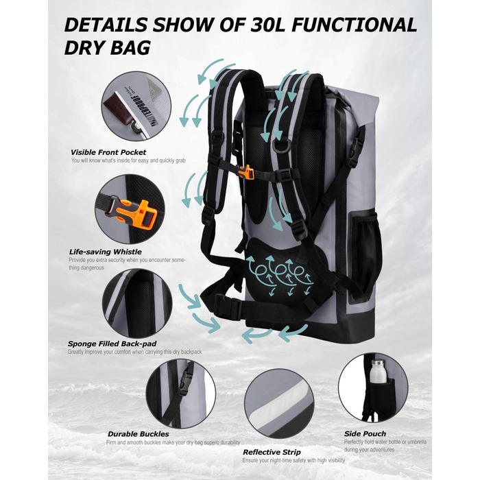 Водонепроникний рюкзак IDRYBAG 30L з PVC, для каякінгу, кемпінгу та подорожей (сірий)