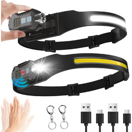 LED налобний ліхтар 1200mAh, 2 шт. з датчиком руху, 230° широкий кут огляду, 9 режимів, водонепроникний IPX65, для кемпінгу, походів, бігу