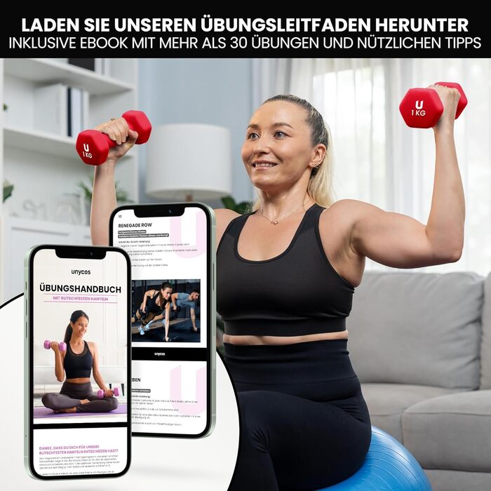 Гантелі неопренові Unycos 2 шт. 1-10 кг, шісткутні, антиковзаючі для фітнесу, силових тренувань, пілатесу та дому (#13 Червоний, 2 x 1 кг)