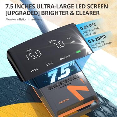 Електрична повітряна насос NACATIN для SUP дошок з акумулятором, 16 PSI, подвійний етап надування та здування, автоматичне вимкнення