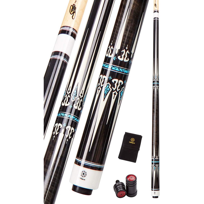 Професійний біліардний кий Collapsar CXT 58 дюймів з м'яким чохлом, чорний з кремовими точками та бірюзовим, wrapless ручка, 21 ounce