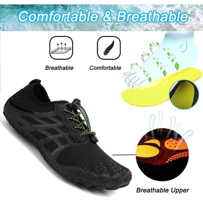 Зітоп Барфути - Водні черевики для чоловіків та жінок. Швидка сушка. Для плавання, серфінгу, йоги. Розміри 36-46 EU. Чорний колір.