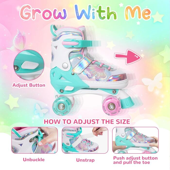 Дитячі ролики Nattork для дівчаток та хлопчиків, регульовані, 4 розміри, ролики на 4 колесах з малюнком метеликів та квітів, подарунок на день народження для занять спортом в приміщенні та на вулиці, розмір M (EU 32-36), Petrol