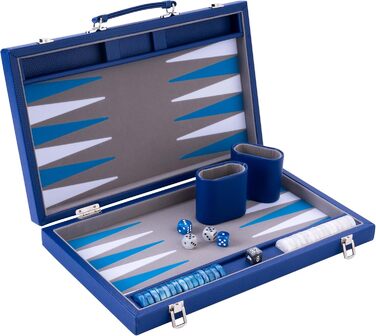 Набір для гри в кістки Енгельхарт Люкс 38 см - преміум якість, шкірозамінник, спеціальне покриття з фільцу, перламутрові кубики та фішки + 2 стаканчики - професійний та для дому, блакитний