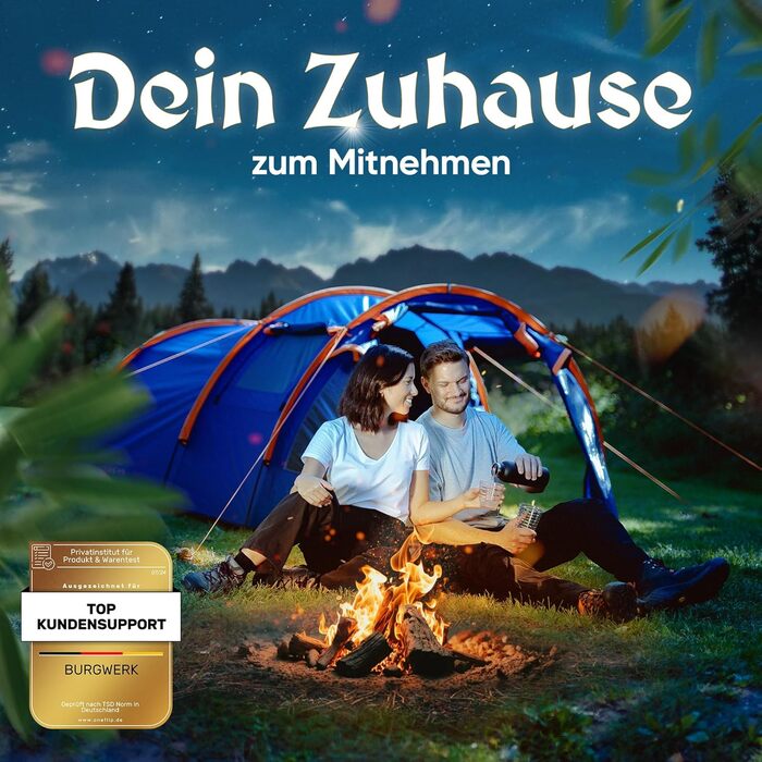 Намет туристичний Burgwerk Tunnelzelt для 3 осіб, водонепроникний, UV-захист 50+, міцний, для кемпінгу, сімейний, тунельний, синій