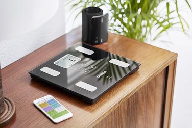 OMRON Viva – розумні ваги-аналізатор складу тіла з Bluetooth і додатком, вимірювання жирової маси, ваги, вісцерального жиру, м'язової маси, базового обміну та ІМТ; для 4 користувачів, тонометр з Bluetooth
