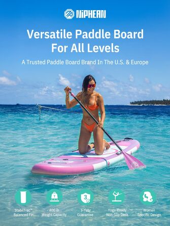 Надувний SUP дошка Niphean для дорослих, 305 см, з фіном StabilTrac, для йоги та балансування, фіолетовий