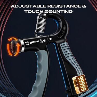 Тренування сили хвату: Регульований ручний тренажер з опором 5-60 кг (11-132 lbs) з лічильником для спорту та реабілітації