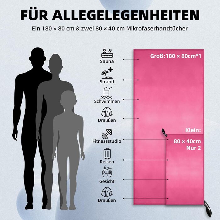Набір рушників Damoguin 3шт. з мікрофібри (великий 180*80см + 2шт. маленькі 80*40см). Швидковисихаючі рушники для спорту, пляжу, басейну та подорожей (рожеві)