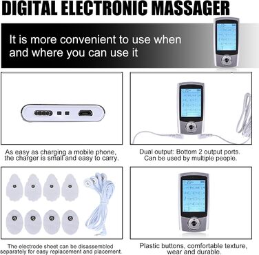 Пристрій TENS 16 режимів: електростимулятор для зняття болю та розслаблення м'язів. 16 програм, 20 рівнів інтенсивності, 2 канали, EMS, преміум електроди (білий)