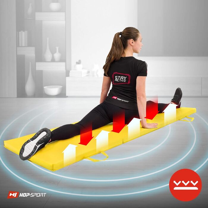 Складаний гімнастичний мат Hop-Sport 180x60x5 см, жовтий, товщина 4/5 см, для дому, фітнесу та гімнастики, з ручками для перенесення