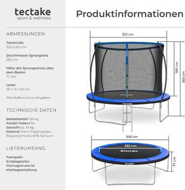 Трамплін Tectake® для саду Ø 305 см з сіткою безпеки, блакитний - ідеальний для занять спортом та балансування дітей