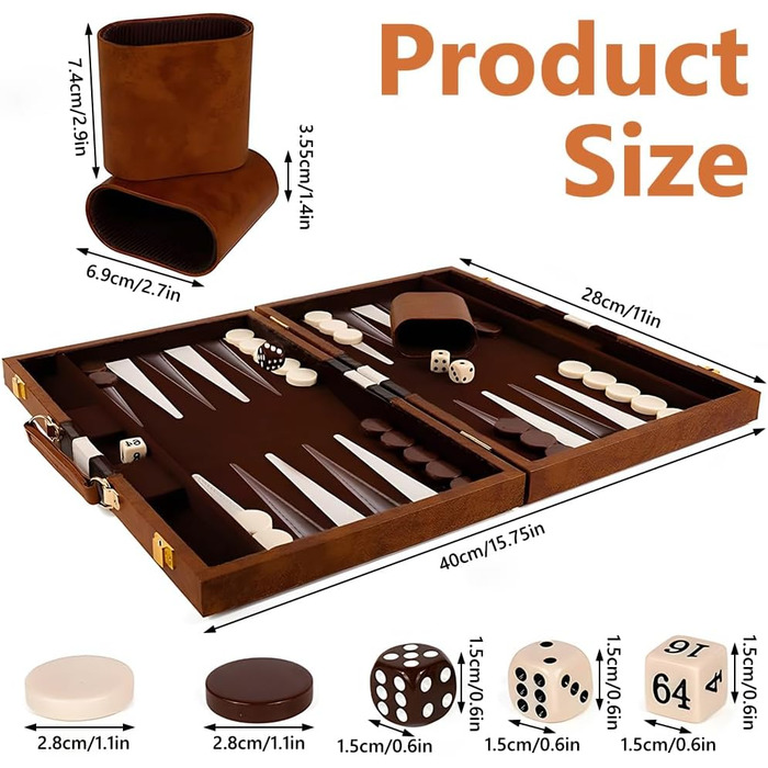 Набір для гри в шашки JOAASU, 11' дорожній, у кейсі, з шаховими фігурами та кубиками, для дорослих, дітей, любителів кемпінгу та мандрівників (Коричневий)