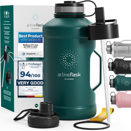 Спортивна пляшка BeMaxx ACTIVE FLASK 2,2 л з нержавіючої сталі, BPA-free, з 3 кришками і трубочкою, для води, напоїв з газом, герметична, для фітнесу, спорту, outdoor