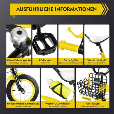 Дитячий велосипед 12 дюймів для дівчаток та хлопчиків з додатковими колесами, дзвінком та кошиком, регульована висота, від 3 років, червоний/синій/жовтий