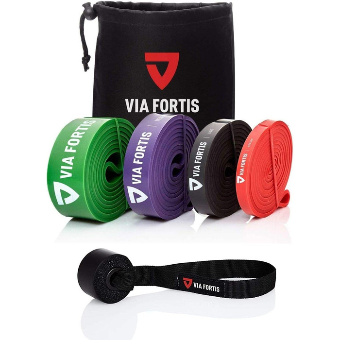 VIA FORTIS Преміум фітнес-стрічки для тренувань, набір 4 опорних гумок різної жорсткості (ультралегка, легка, середня, сильна) з інструкцією та сумкою, резинки для підтягувань і силових вправ