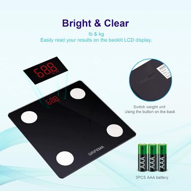 Ваги GRIFEMA Digitale Personenwaage з вимірюванням жиру та м'язової маси, Bluetooth, для BMI, протеїну, чорного кольору. Підключення через додаток.