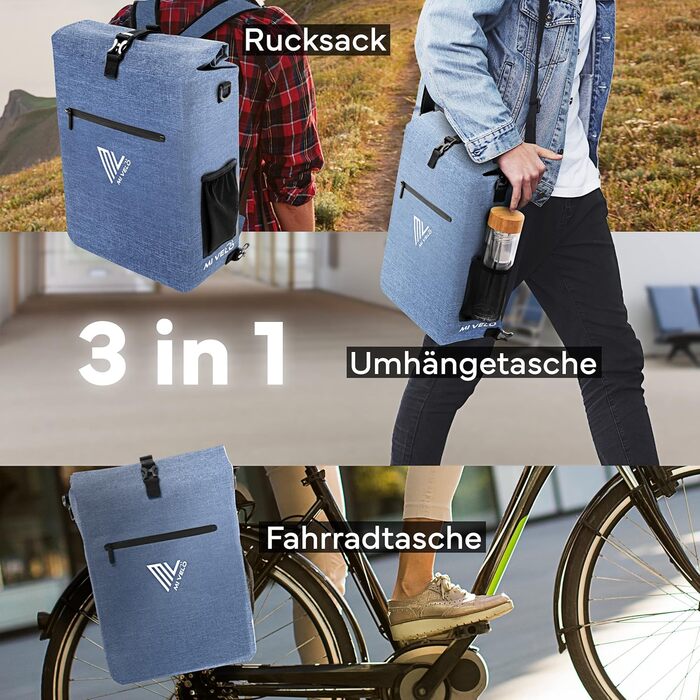 Велосумка MIVELO 3в1 для багажника, рюкзак, сумка через плече, водонепроникна, без ПВХ, з чохлом для ноутбука, джинсова синя