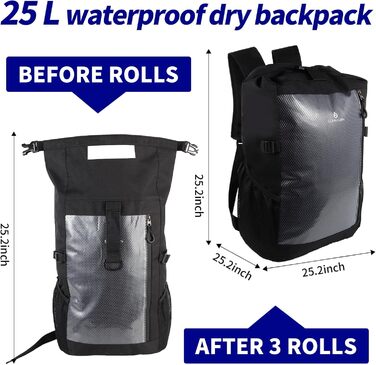 Водонепроникний рюкзак Seesack Rolltop з кишенею для телефону, 25L, для плавання, каякінгу, рафтингу, пляжу, чоловічий/жіночий (чорний)