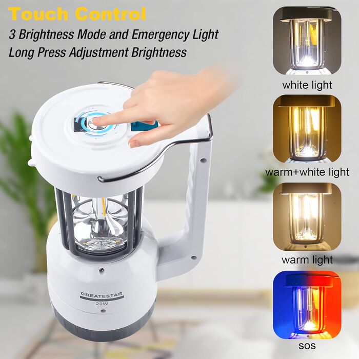 LED кемпінговий ліхтар CREATESTAR: зарядний, з ліхтариком, USB, диммування, IP43, водонепроникний, для туризму, відпочинку, надзвичайних ситуацій