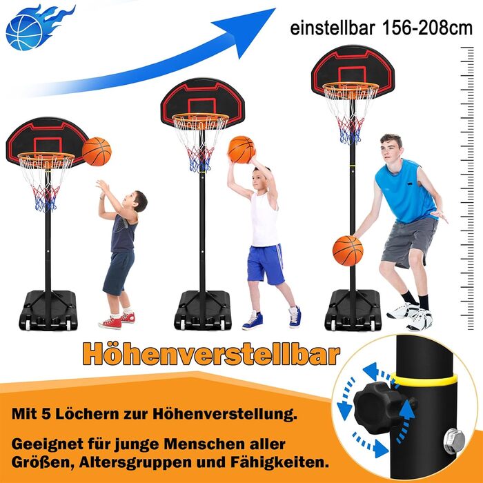 Баскетбольний кошик UISEBRT вуличний з м'ячем та насосом для дітей - стійка 156-208 см, регульована висота, мобільна баскетбольна установка на колесах, міні кошик для гри в приміщенні та на вулиці
