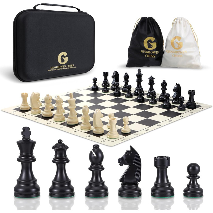 Набір шахів зі складною дошки з силікону, 50,8 см, фігури з вагою, висота короля 9,8 см, 2 додаткові королеви, складана дошка, портативний набір для подорожей та турнірів, з сумкою