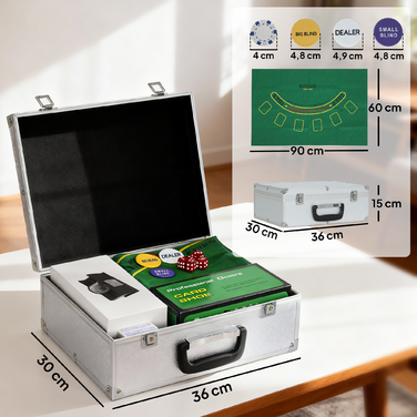 Набір для покеру, 300 фішок, кубики, 2 колоди карт, аксесуари, кейс, для 8 гравців