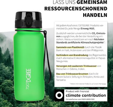 Пляшка для води 720°DGREE 'uberBottle' з ситечком, 650 мл, зелена - Tritan, BPA-Free, для спорту, школи, фітнесу, велосипеда, дітей