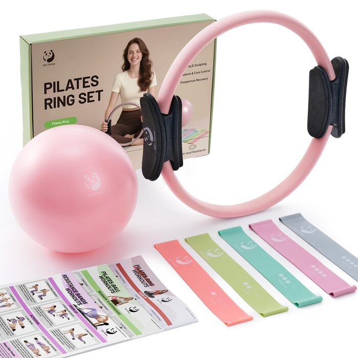 Pilates-кільце Slim Panda з м'ячем, гумками та сумкою, рожеве - 35 см