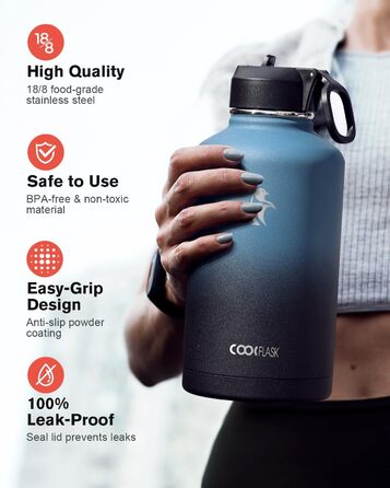 Термос пляшка для води 2 л Coolflask з нержавіючої сталі з трубочкою та 3 кришками, подвійна вакуумна ізоляція, для спорту та офісу, сірий, не протікає