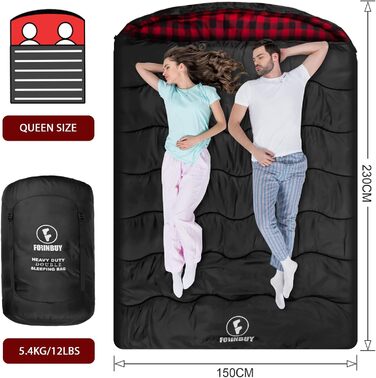 Спальний мішок Baumwolle для двох дорослих, зимовий, водонепроникний, теплий, розмір Queen, для кемпінгу та подорожей на автодомі, чорно-червоний